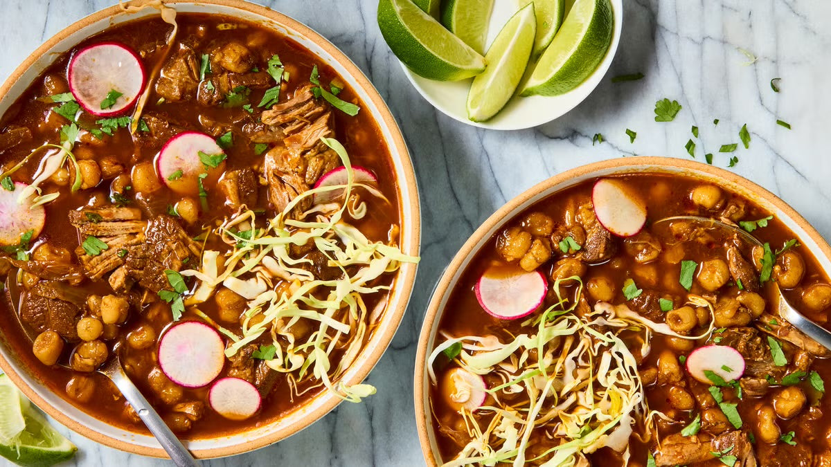 Two bowls of Pozole Rojo made with a Pozole  Bomb